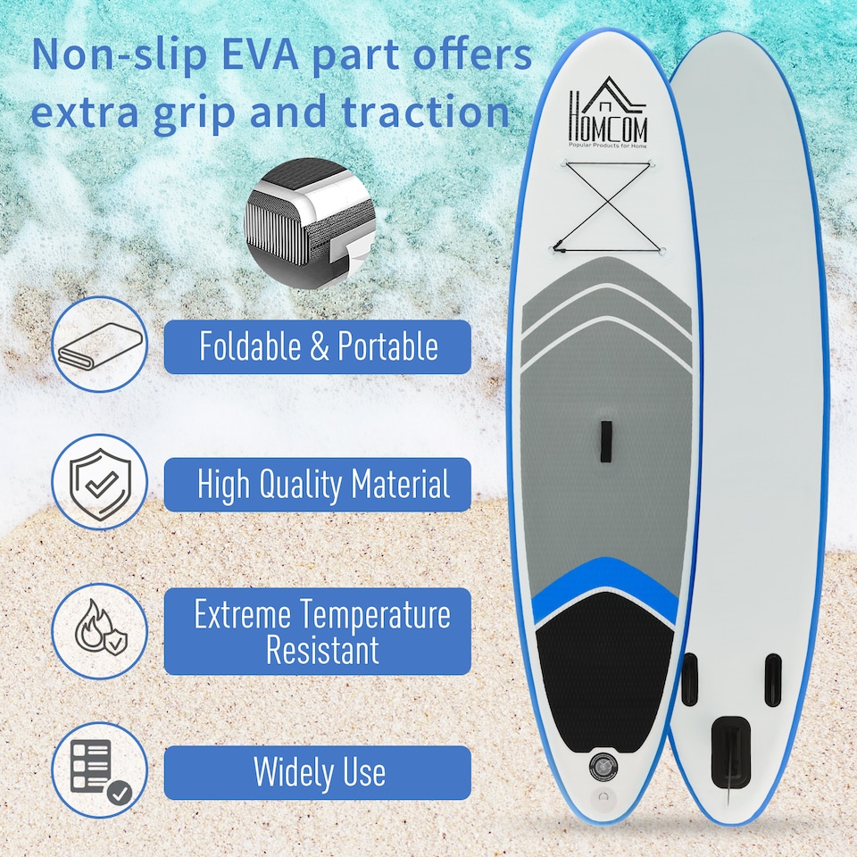 image 1 of HOMCOM 10' x 32' x 6' Inflatable Stand Up Paddle Board, Non-Slip & Ultra-Light Deck with SUP Accessories, Adj Paddle, Backpack Bag, and Three Bottom Fins, for Youth Adults Beginner, Blue | Multi | Blue, White, Grey and Black