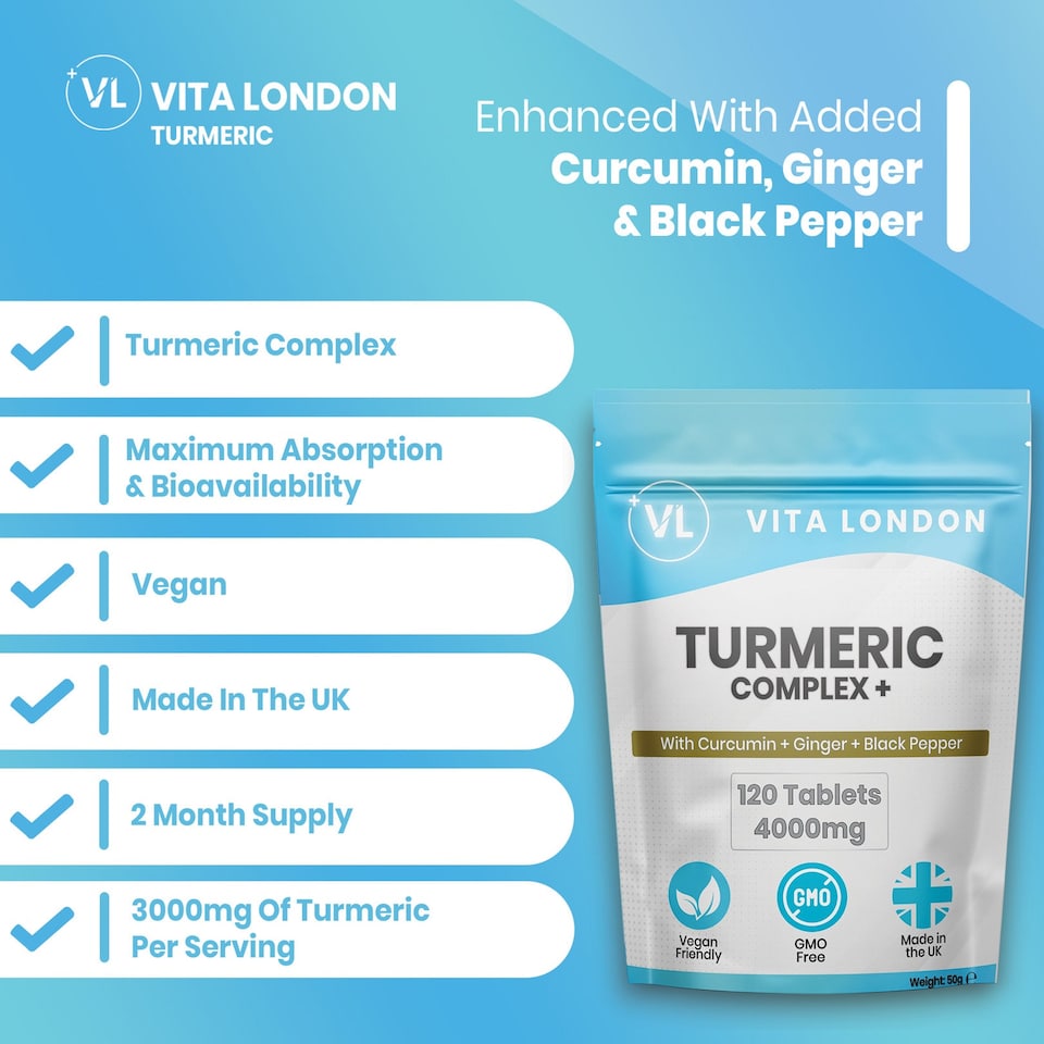 image 1 of Turmeric Tablets + Ginger + Curcumin + Black Pepper Supplement - 4000mg - 120 Tablets