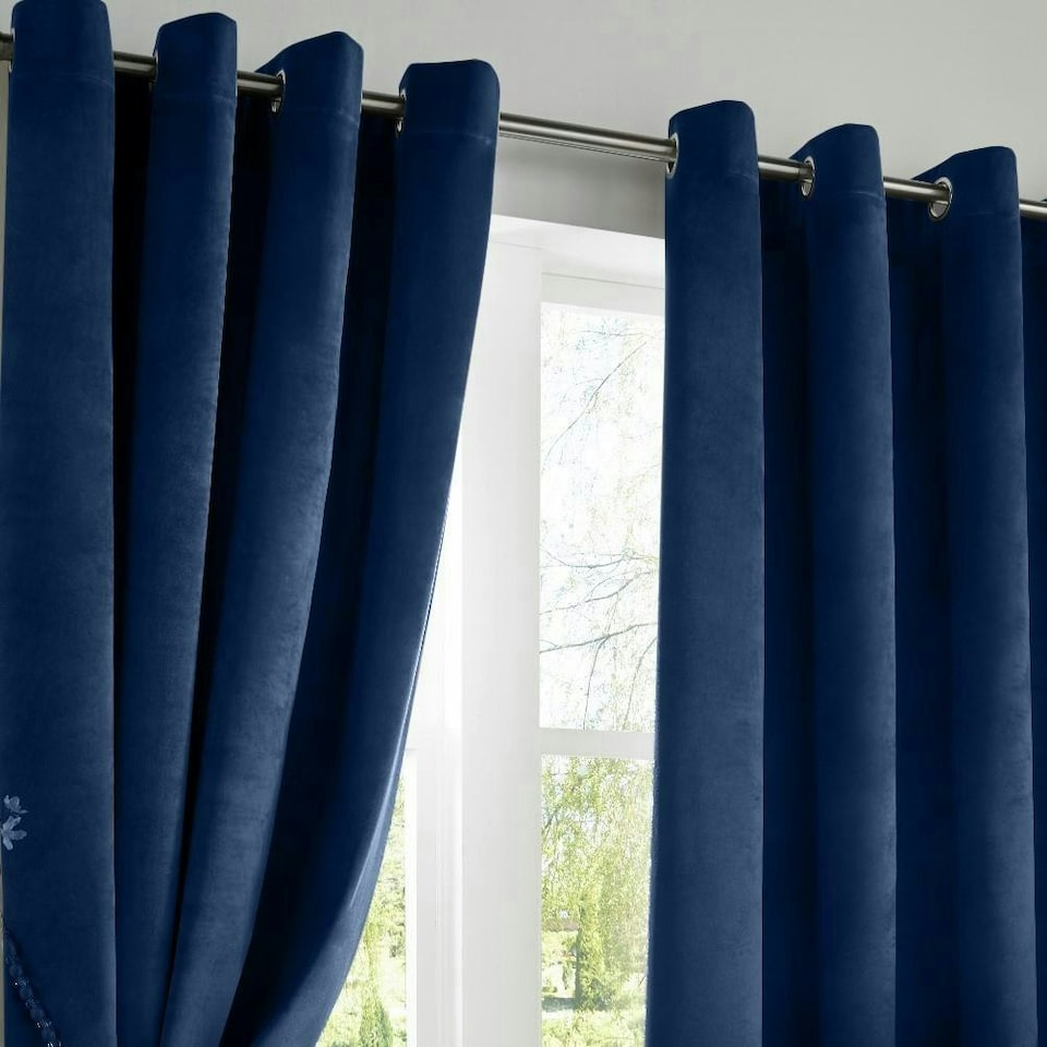 image 1 of Velvet Look Eyelet Ring Top Blackout Curtains - 117cm x 137cm - Navy