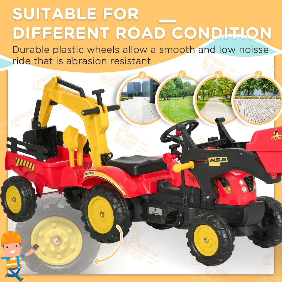 image 1 of HOMCOM Kids Children Pedal Go Kart Ride On Toy Car Excavator Tractor with Moving Bucket Steering Wheel Removable Digger For 3 - 6 Years