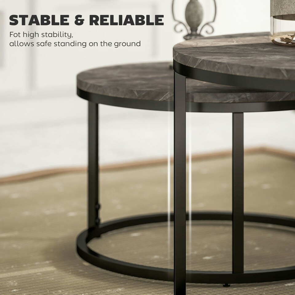 image 1 of HOMCOM 2 Pcs Stacking Coffee Table Set Steel Frame Marble-Effect Top Foot Pads | Grey | 78.5x78.5x46.5