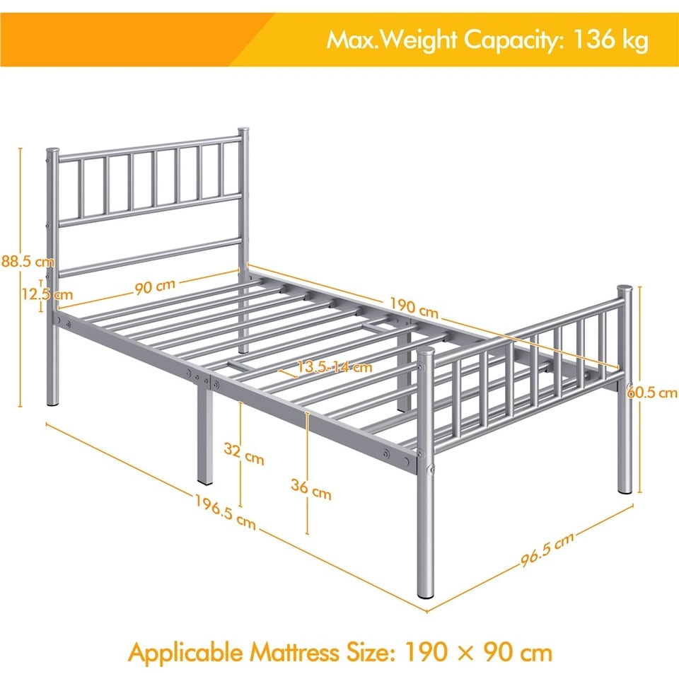image 1 of Yaheetech 3ft Single Metal Bed Frame with Slatted Headboard Silver