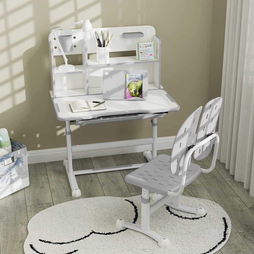 image 1 of AIYAPLAY Kids Desk and Chair Set w Tiltable Desktop, Reading Rack | Grey | 2