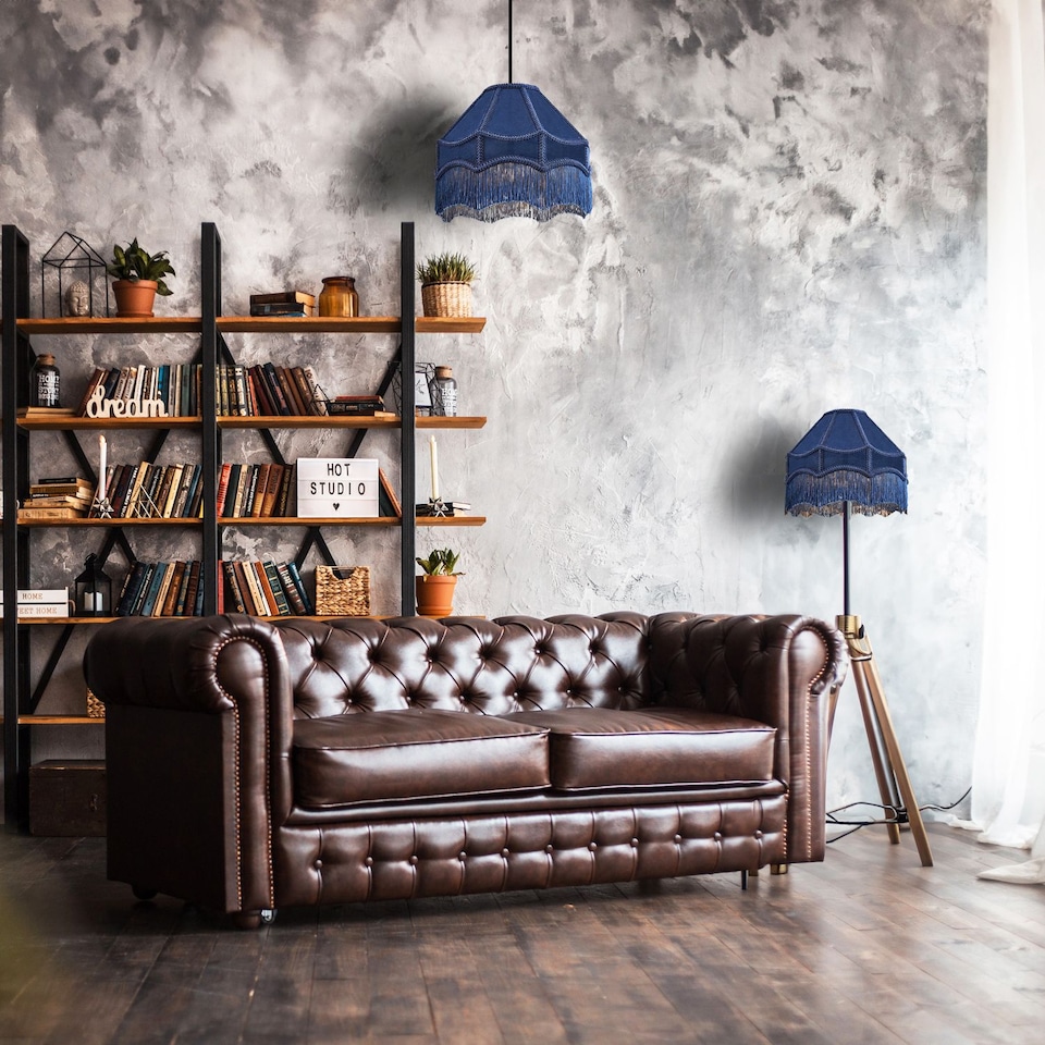 image 1 of Traditional Victorian Empire Lampshade in Midnight Blue Velvet with Tassels | Blue