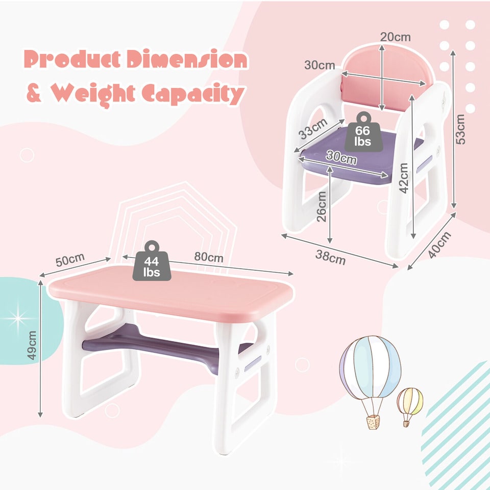 image 1 of COSTWAY 3-Piece Kids Table and Chairs Set with Rack Pink