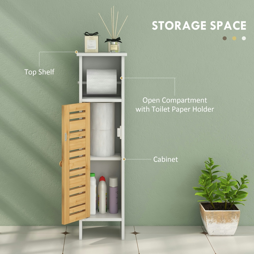 image 1 of HOMCOM Bathroom Cabinet, Slim Bathroom Unit with Adjustable Shelf, White White | Natural bamboo