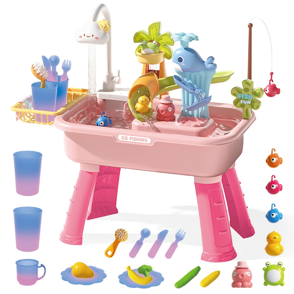 image 1 of 2 in 1 Beach Table & Simulation Kitchen Sink Toy Set with Water Supply Function and Color-Changing Tableware - Pink