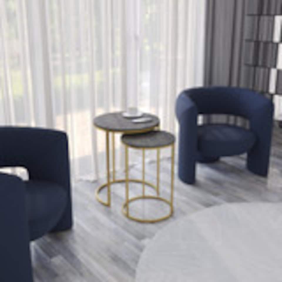 image 1 of 2Pc Round Nesting Stackable Sofa Side Bedside End Table Set Wood Top Metal Legs | Multi | Black Marble Top with Gold Legs