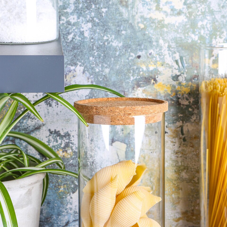 image 1 of Argon Tableware Glass Storage Jar - Cork Lid - 1.5 Litre - Modern Round Scandi Organisation Container Glass Jar