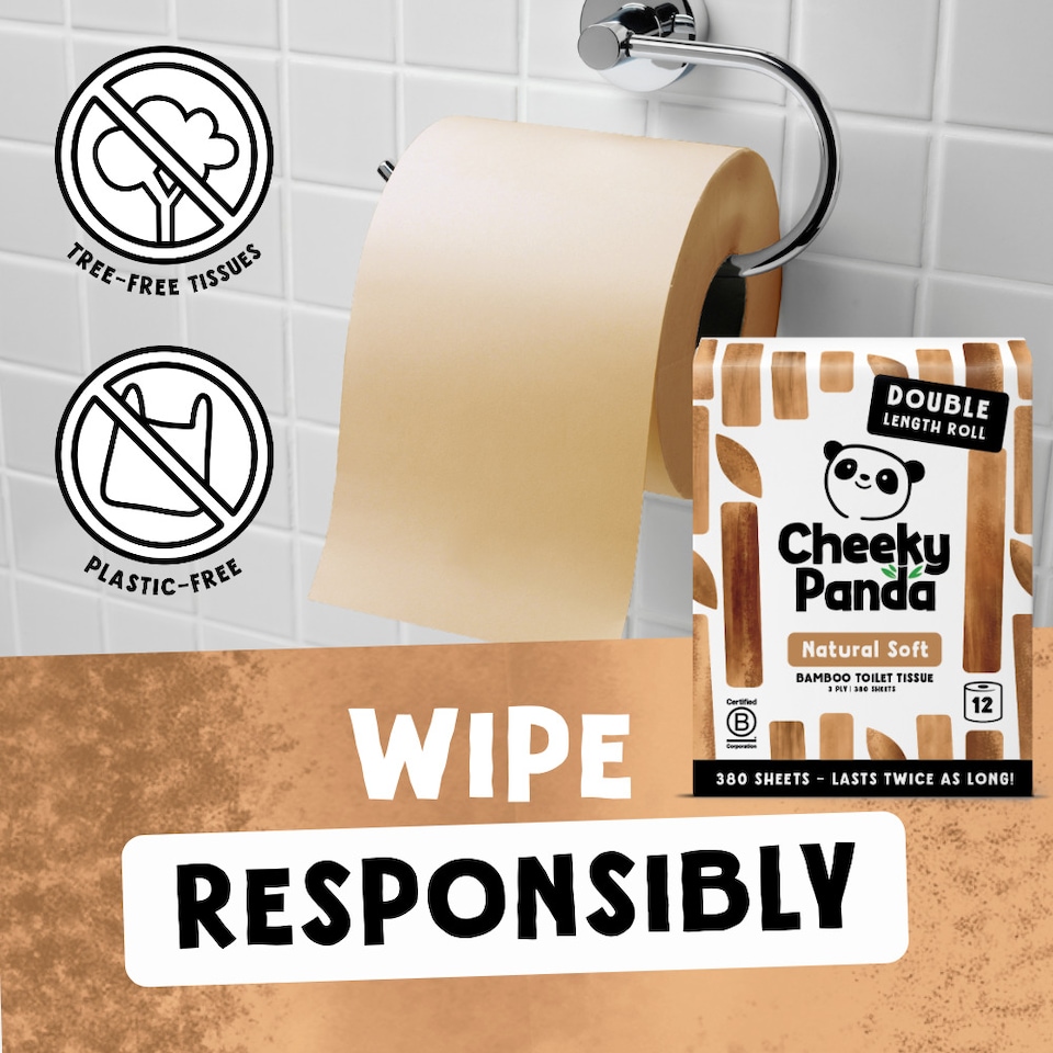 image 1 of Cheeky Panda Double-Length Natural Colour  Bamboo Toilet Paper 12 rolls 380 3 ply sheets | Brown | Size: 12 Rolls | 12