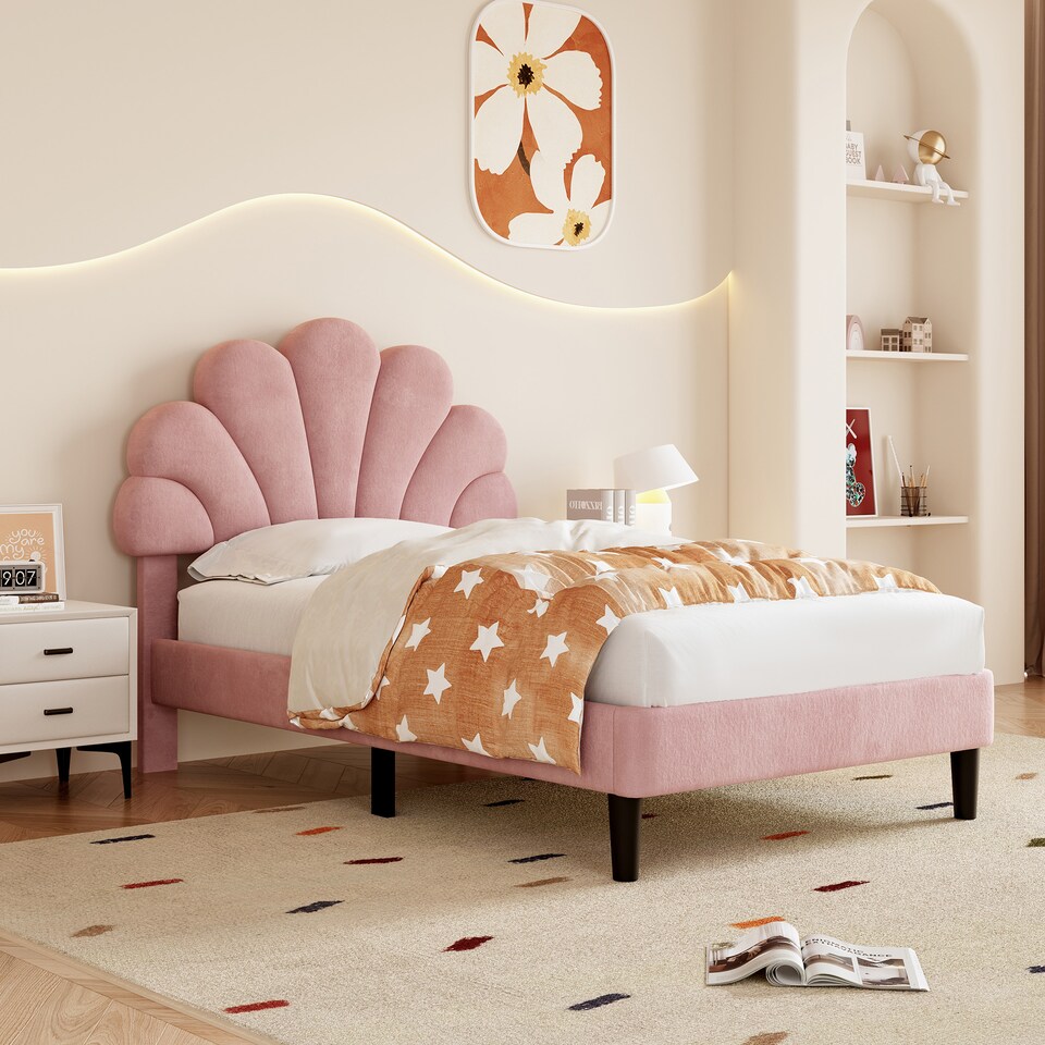 image 1 of Abrihome 3FT Single Upholstered Bed Frame with Adjustable Petal Headboard, Velvet, Solid Wood Slats, Pink, No Box Spring Needed