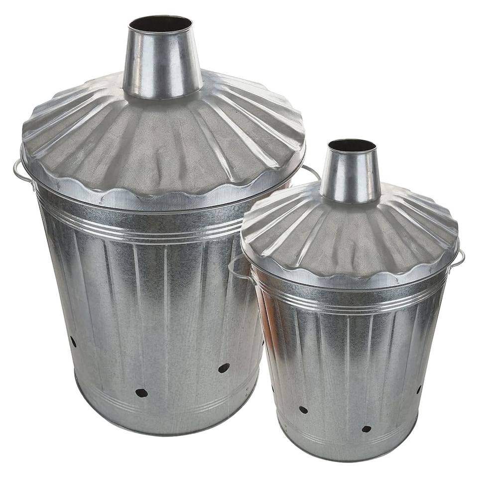 image 1 of 2 x 90 Litre Galvanised Metal Incinerator Fire Burning Bin with Lid & Riveted Handles