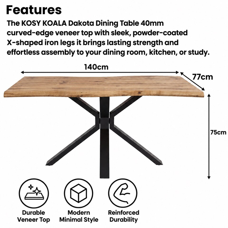 image 1 of Durable Wooden Dining Table with X-Shaped Iron Legs, Curved Edge for Dining, Work, or Study (Length 140cm)