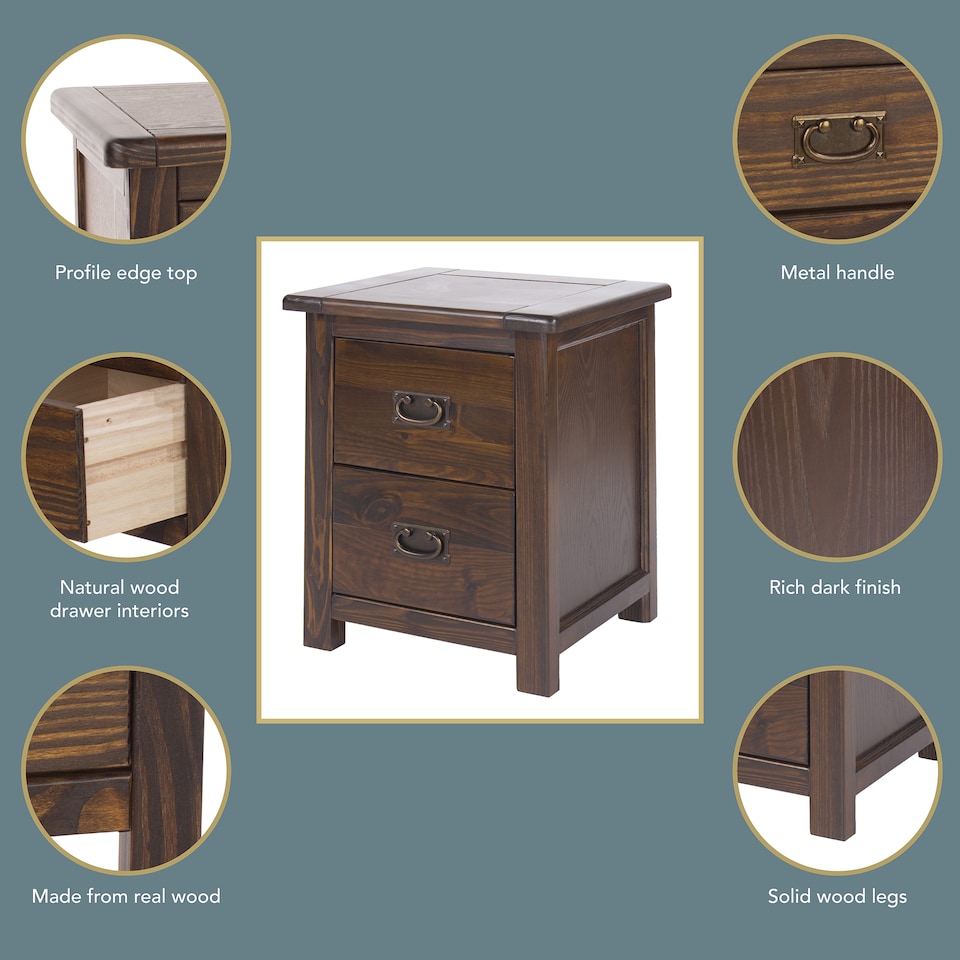 image 1 of Boston Handcrafted 2 Drawer Bedside Cabinet - Dark Brown Lacquer Finish, Colonial Design | Brown | Dark Brown | One Size | 1