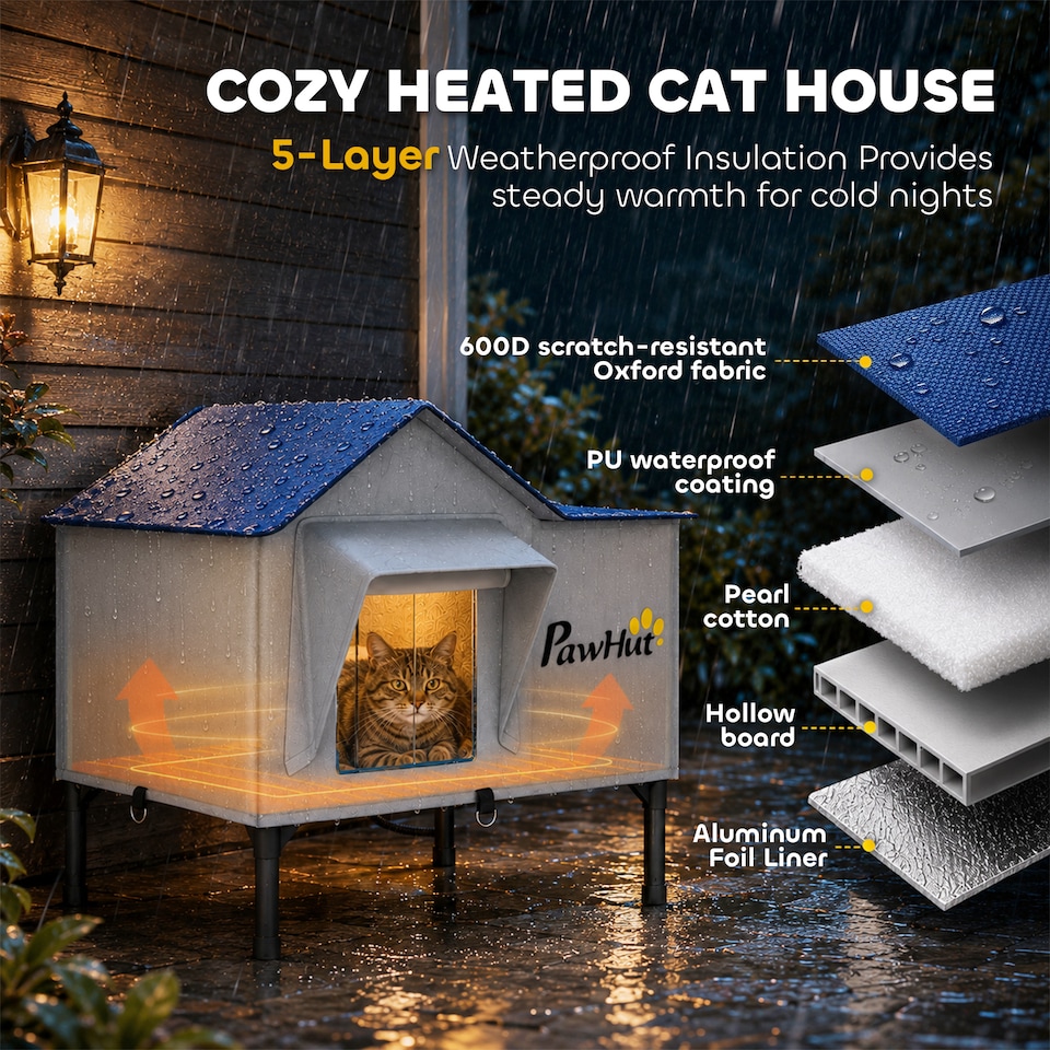 image 1 of PawHut Heated Cat House Weatherproof Cat House for Outside with Heating Pad