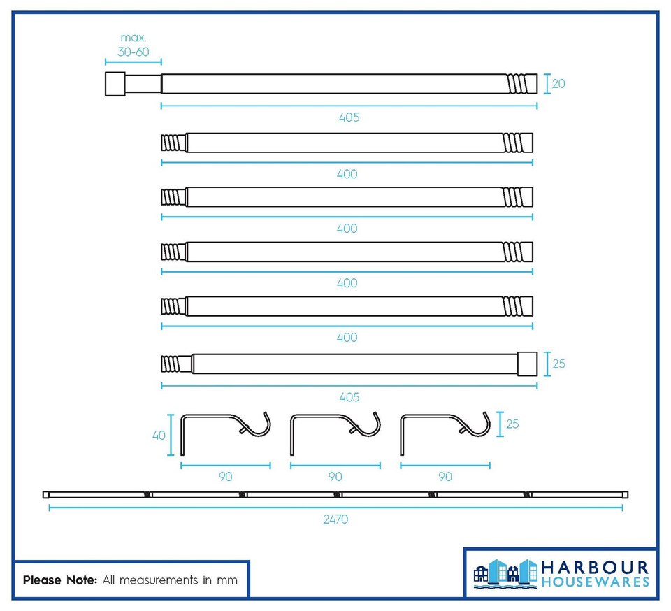 image 1 of Harbour Housewares Extendable Metal Curtain Pole Kit - 77 to 250cm - Brushed Nickel