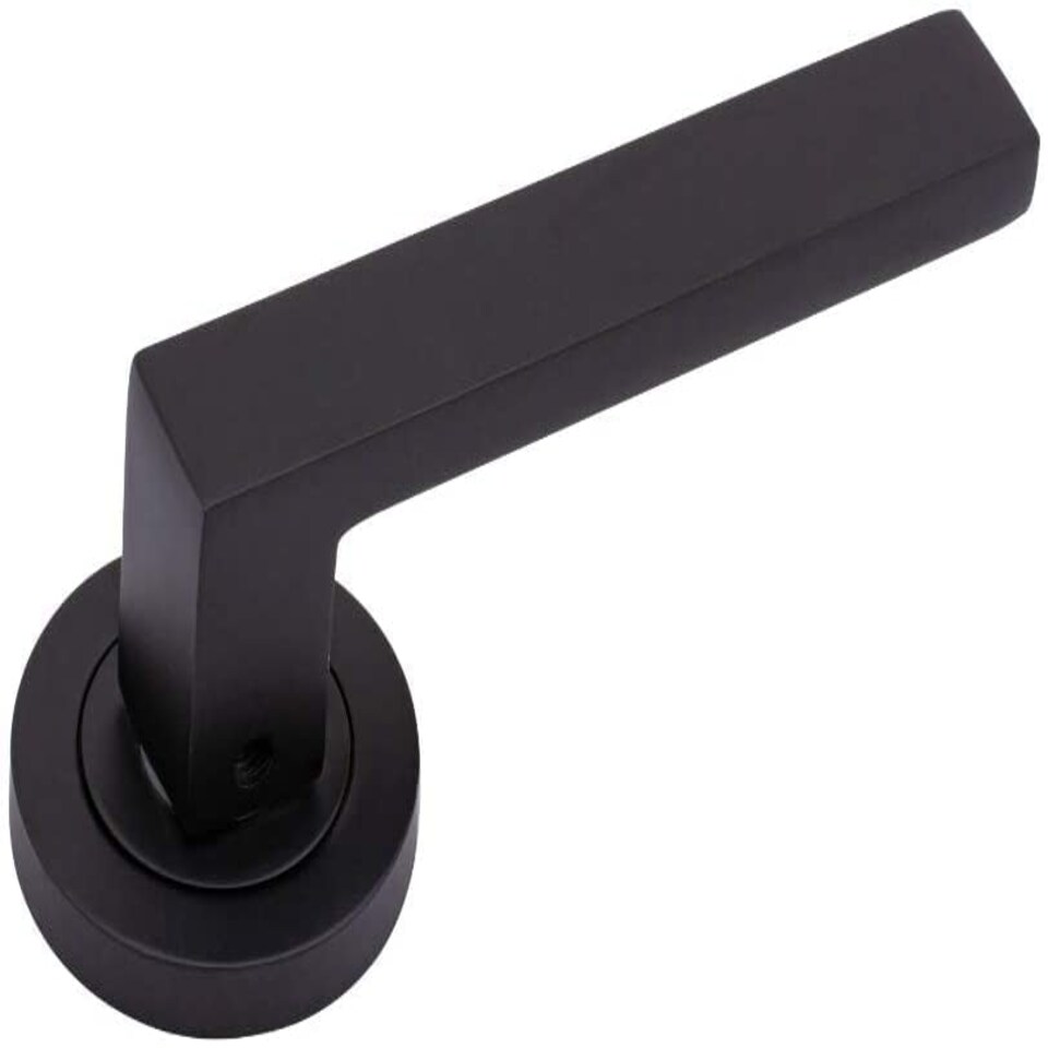 image 1 of Golden Grace Delta Handles Set on Round Rose in Stunning Matte Black Finish Complete with 3 Lever Mortise Lock and 1 Pair of Ball Bearing Hinges Black