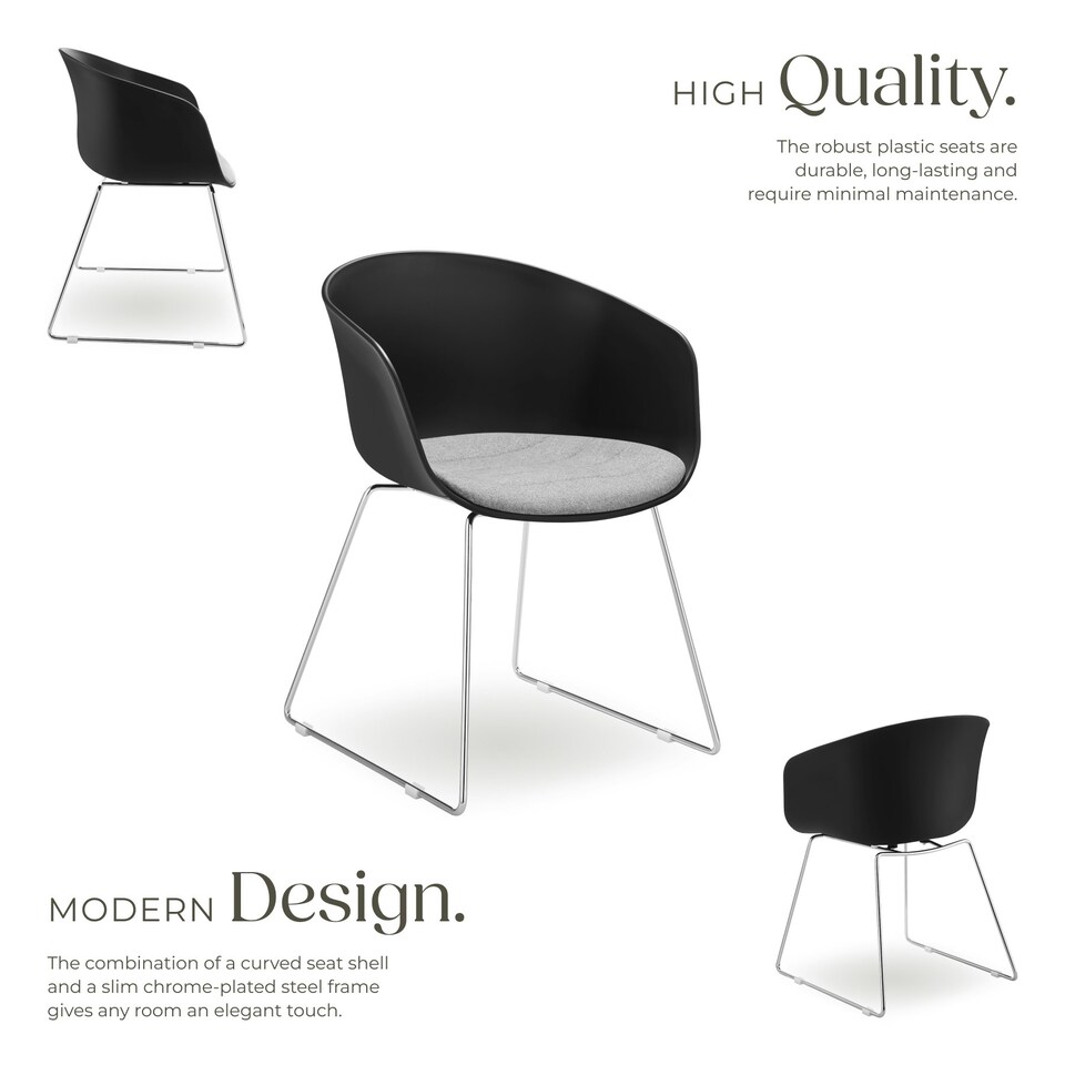 image 1 of Dining Chair Logart - plastic seat, padded, continuous arm and backrest - Set of 2 Black | Black/Chrome