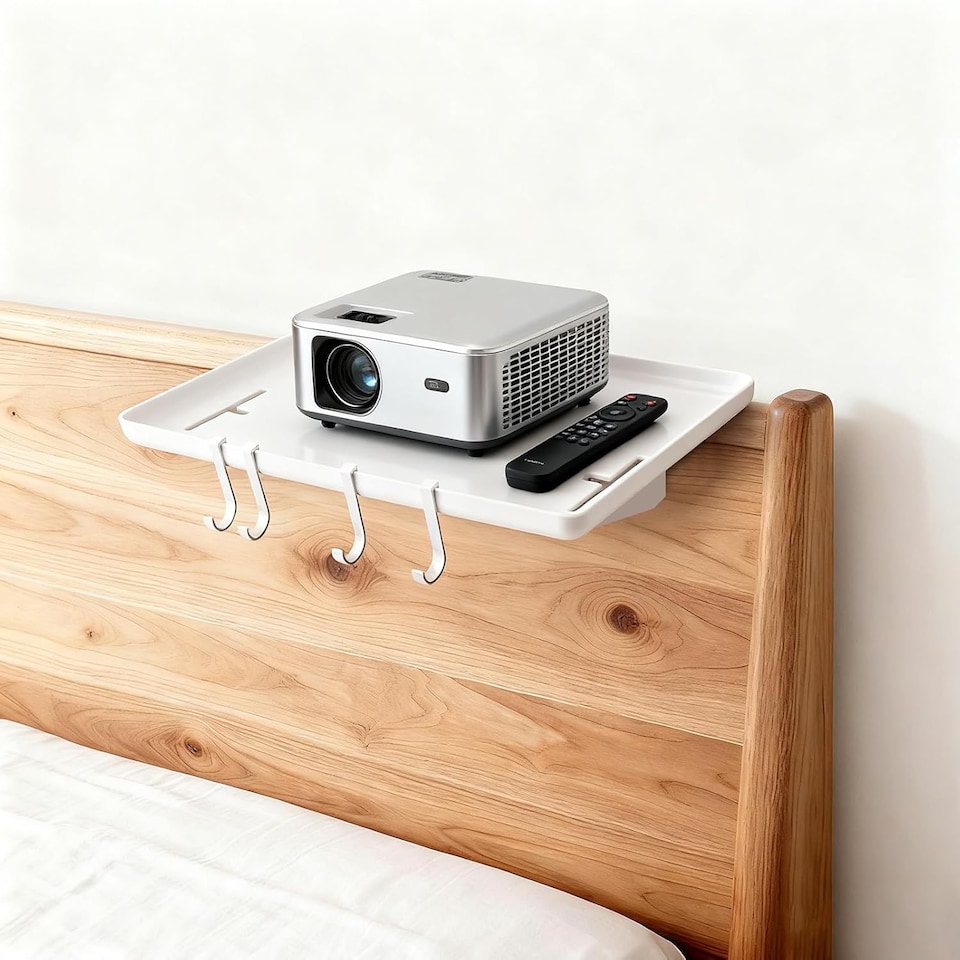 image 1 of Bedside Shelf for Bunk Beds & Bed Frames - Floating Bedside Tray with 4 Hooks, No-Drill Installation - Ideal for Dorm Rooms, Kids Rooms & Small Spaces (White)