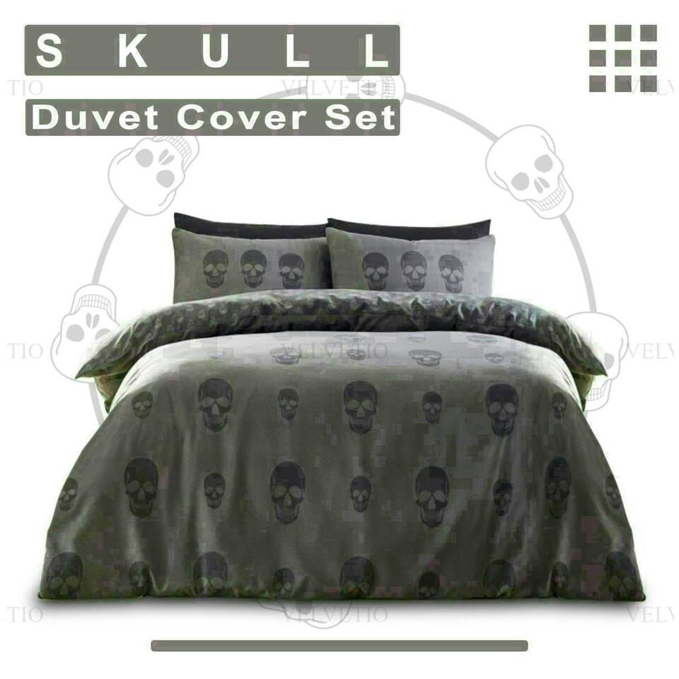 image 1 of Skull Charcoal Printed Duvet Cover Set Reversible Polycotton Beddings Grey | Double