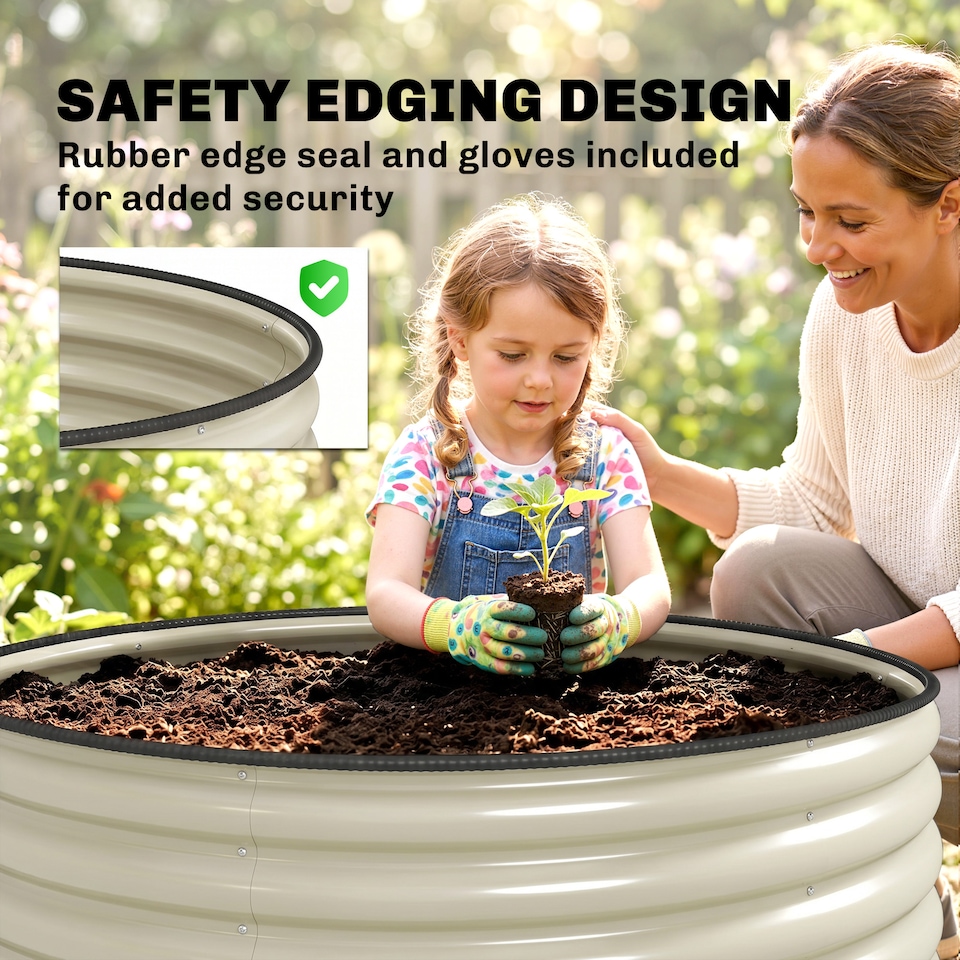 image 1 of Outsunny Galvanised Planter with Gloves, 120 x 120 x 43cm, Cream White | Cream | Cream