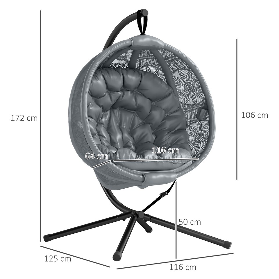 image 1 of Outsunny Outdoor Hanging Chair, Swing Chair with Metal Stand, Thick Padded Cushion, Foldable Basket and Side Pocket, for Indoor and Outdoor, Charcoal Grey | Grey | Charcoal grey