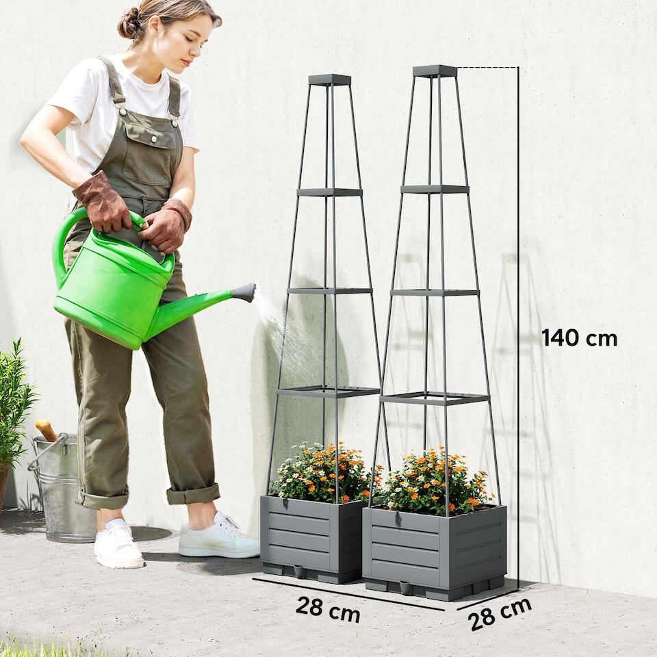 image 1 of Outsunny 2 Pack Raised Garden Bed with Trellis and Removable Drainage Tray | Grey | Grey