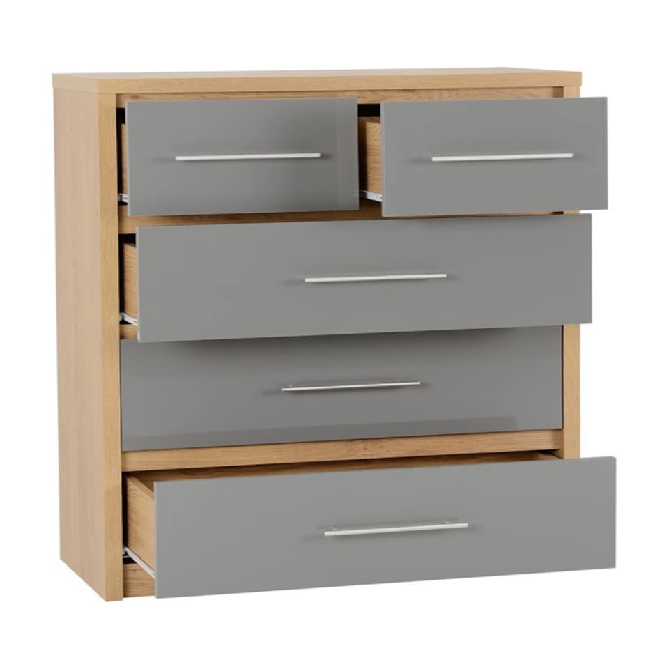 image 1 of Seville 3+2 Drawer Chest - L39.5 x W85 x H110.5 cm - Grey High Gloss/Light Oak Effect Veneer