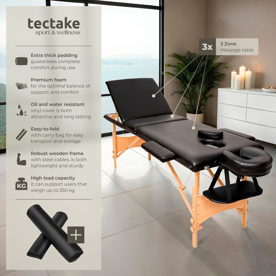 image 1 of Massage Table - 3-zone bed, wooden frame, bolsters, carry bag, head and armrests | Black | black | 1