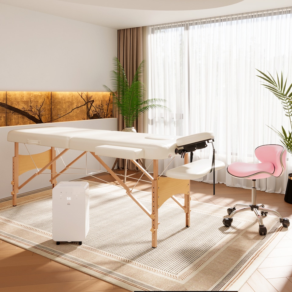 image 1 of HOMCOM Portable Massage Bed, Folding Spa Beauty Massage Table with 2 Sections, Carry Bag and Wooden Frame, Cream White