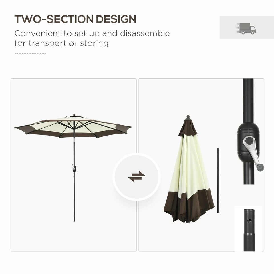 image 1 of Outsunny 2.7m Garden Parasol Umbrella with 8 Metal Ribs, Tilt and Crank, Coffee