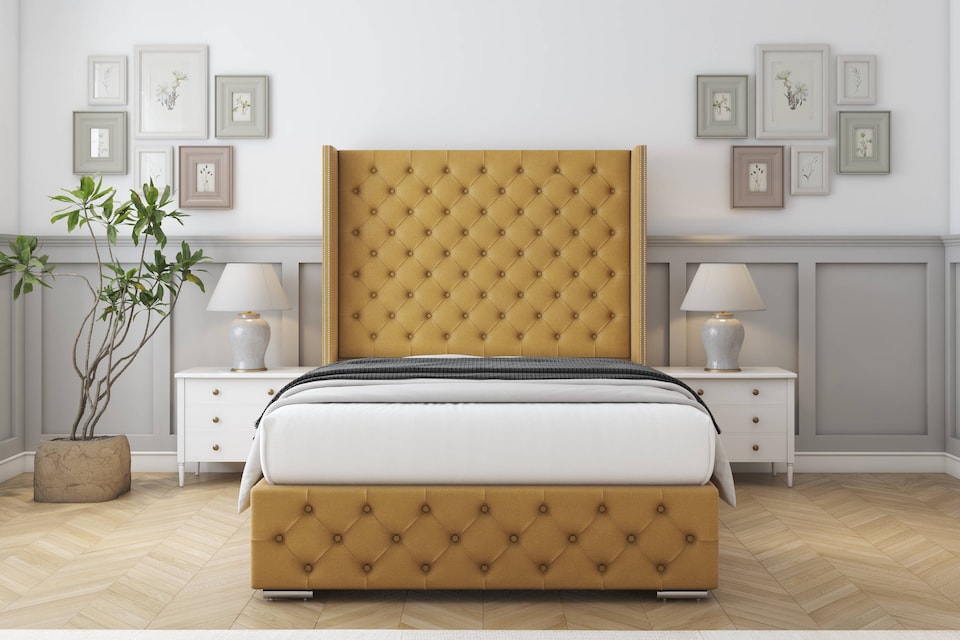 image 1 of Sloomy Arundel Mustard Plush Bed Frame With Mattress With 50"  Upholstered Wingback Headboard 3' Single
