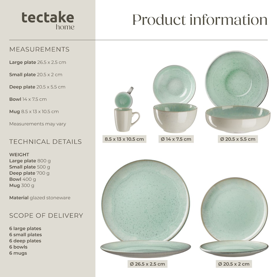 image 1 of Dinner Set Mare in Glazed Stoneware for 6 People, Microwave- and Dishwasher-Safe | Green | mint | 1