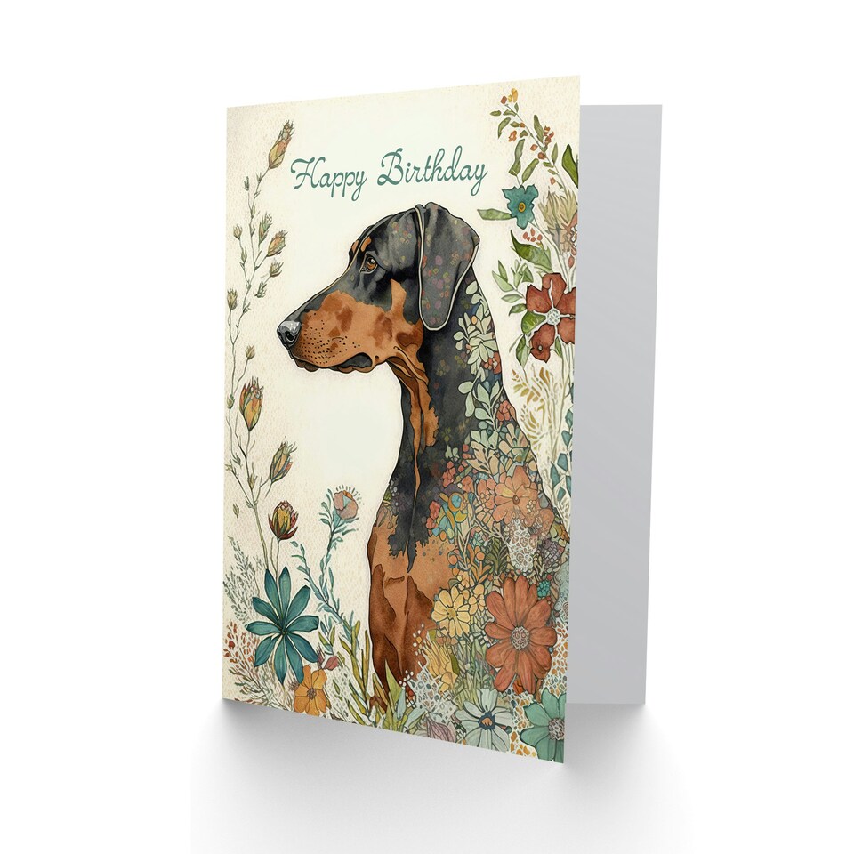 image 1 of Happy Birthday Doberman Dog and Spring Flowers Birthday Card