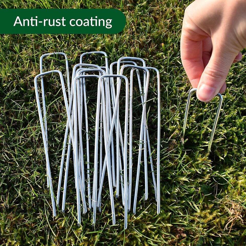 image 1 of Galvanised U-Shaped Garden Pegs - Anti-Rust Weed Membrane, Artificial Grass, Netting and Tent Stakes | Silver | 6 inches - 50 Pack with Buffer Washer | 50