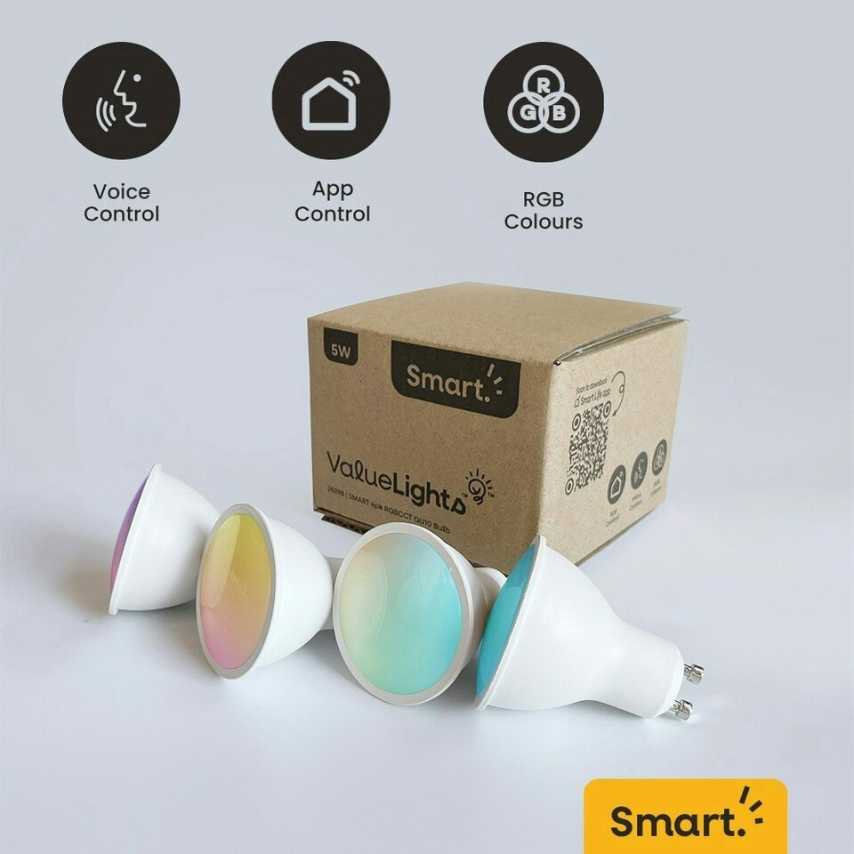 image 1 of ValueLights 4 Pack Light Bulb Dimmable GU10 White Plastic Spotlight LED SMART 5W Multicolour 6500K 400lm Light Bulb
