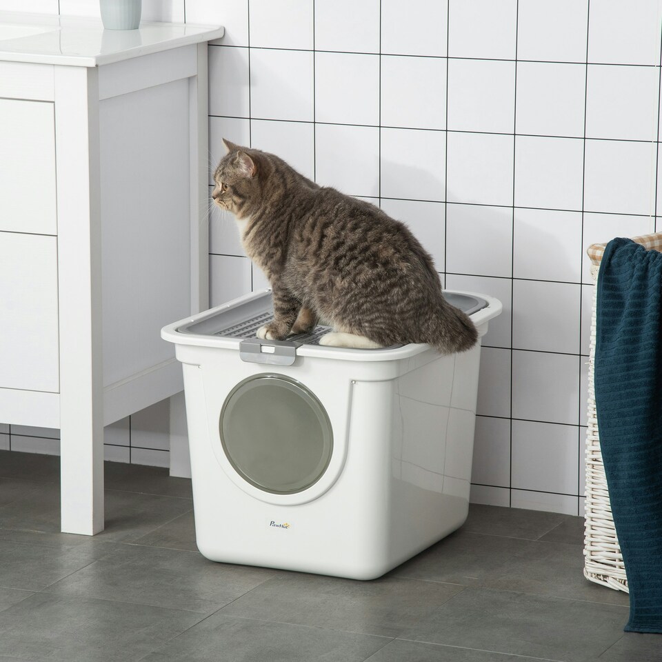image 1 of PawHut Cat Litter Tray Pet Litter Box w/ Front Entrance, Top Exit, Scoop - White