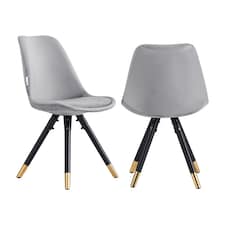 Set of 2 Sofia Ergonomic Modern Dining Chairs Upholstered in Velvet, Metal Legs with Gold End Tips | Grey | Dark Grey