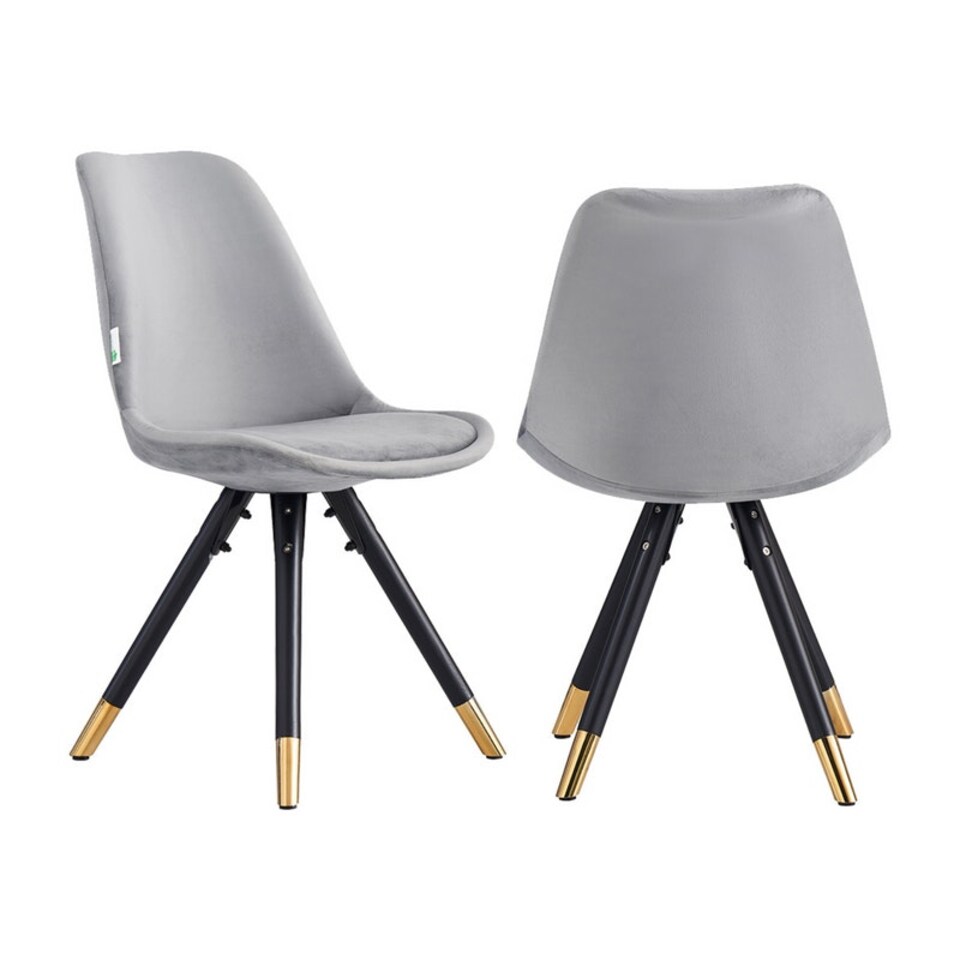 image 1 of Set of 2 Sofia Ergonomic Modern Dining Chairs Upholstered in Velvet, Metal Legs with Gold End Tips | Grey | Dark Grey