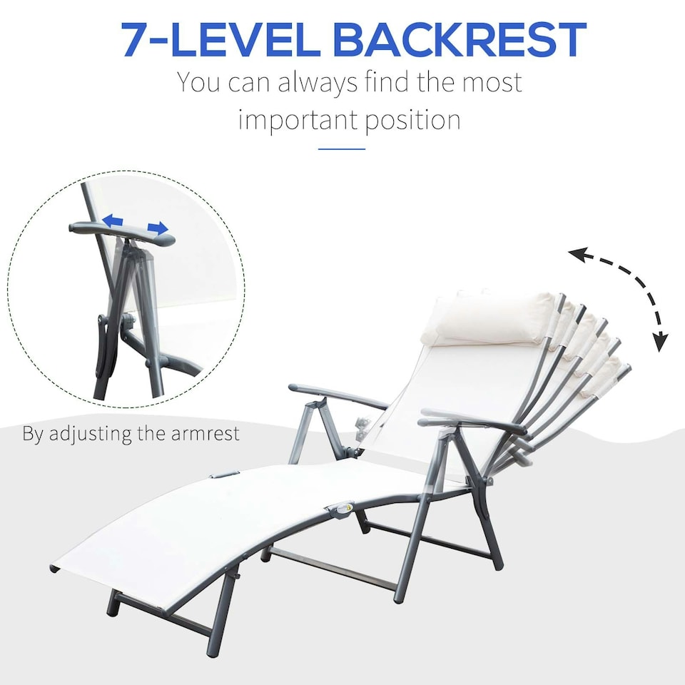 image 1 of Outsunny Sun Lounger Recliner Foldable 7 Levels Texteline Cream White