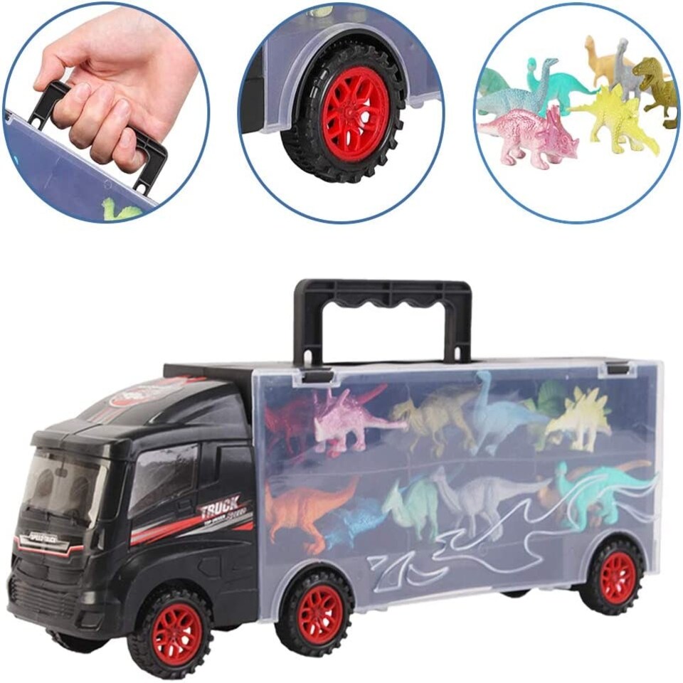 image 1 of Dinosaur Transporter Truck Carry Case Playset – Includes 12 Dinosaur Figures & Mini Race Car – Portable Toy Organizer with Slide Ramp for Kids