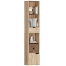HOMCOM 6-Tier Bookcase, Tall Narrow Bookshelf with Drawer, Door, Adjustable Shelf, Modern Display Standing Shelving Unit for Living Room, Home Office, Bedroom, 30 x 24 x 158 cm, Natural Wood Finish | Brown | Natural wood finish