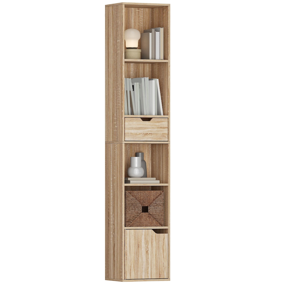 image 1 of HOMCOM 6-Tier Bookcase, Tall Narrow Bookshelf with Drawer, Door, Adjustable Shelf, Modern Display Standing Shelving Unit for Living Room, Home Office, Bedroom, 30 x 24 x 158 cm, Natural Wood Finish | Brown | Natural wood finish