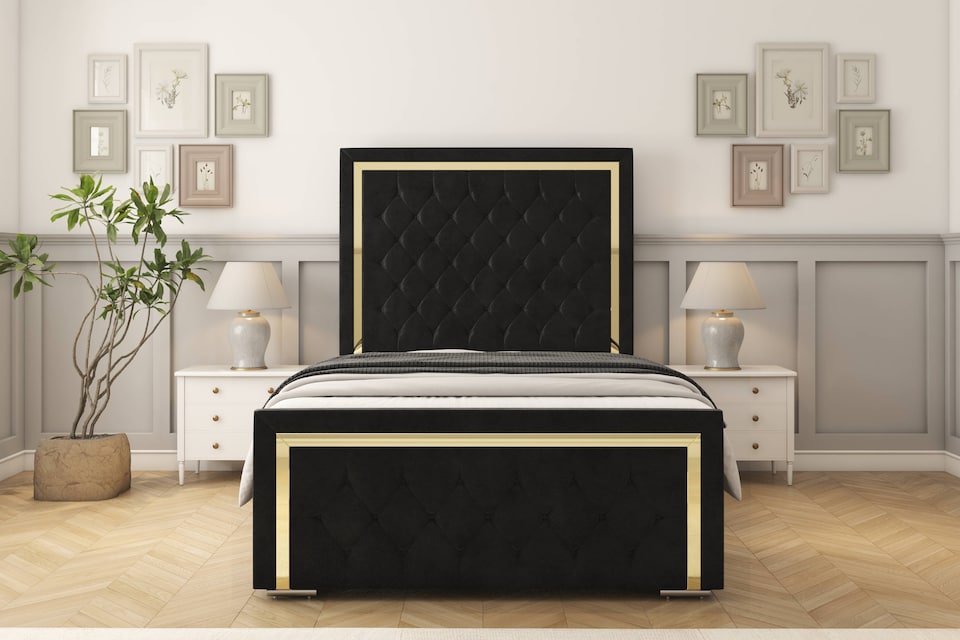 image 1 of Sloomy Sofia Gold Black Plush Bed Frame With 50" Upholstered Headboard 4' Small Double
