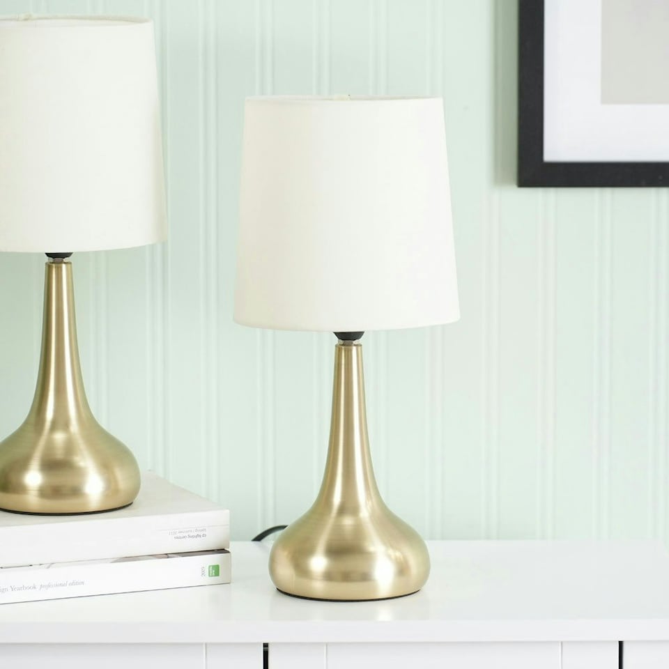 image 1 of ValueLights Teardrop Pair Gold Touch Table Lamp Cream Shade & Bulb Cream