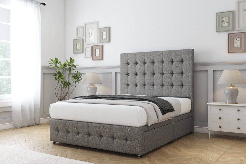 image 1 of Sloomy Berlin Pewter Dumfries Divan Bed With Mattress 4 Drawers With 54" Floor Standing Headboard & 12" Matching Footboard 4' Small Double | Grey | Pewter | Small Double | 1