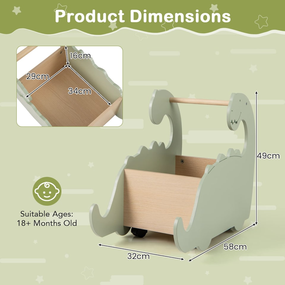 image 1 of COSTWAY 2 in 1 Wooden Baby Push Walker Shopping Cart Green