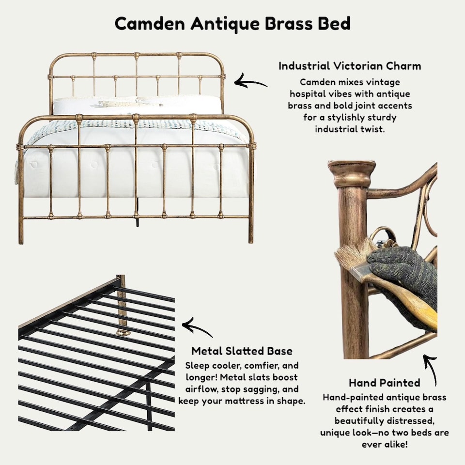 image 1 of Camden Victorian Hospital Style Distressed Antique Brass Effect Metal Bed Frame | Bronze | Antique Brass | Small Double