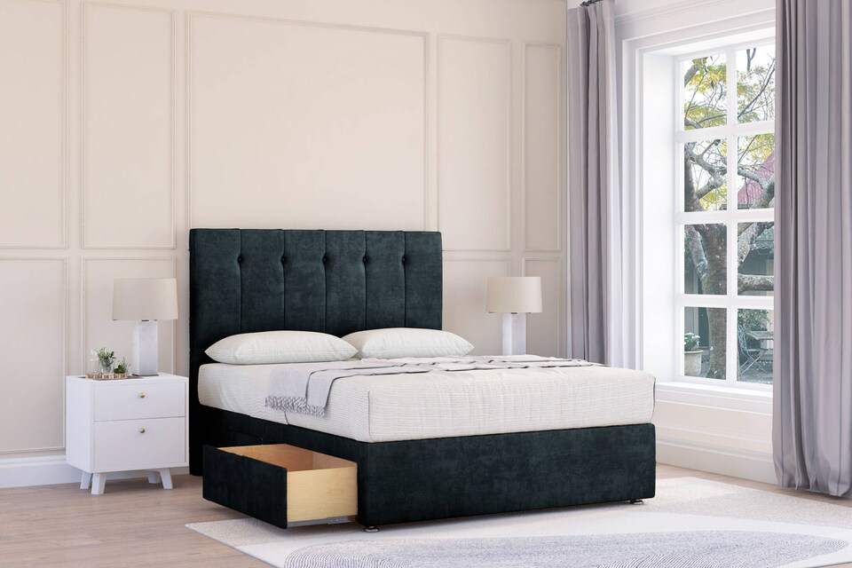 image 1 of Sloomy Highbury Black Naples Divan Bed With Mattress 2 Drawers Same Side With 26" Strutted Headboard 5' King | Black | Black | King | 1