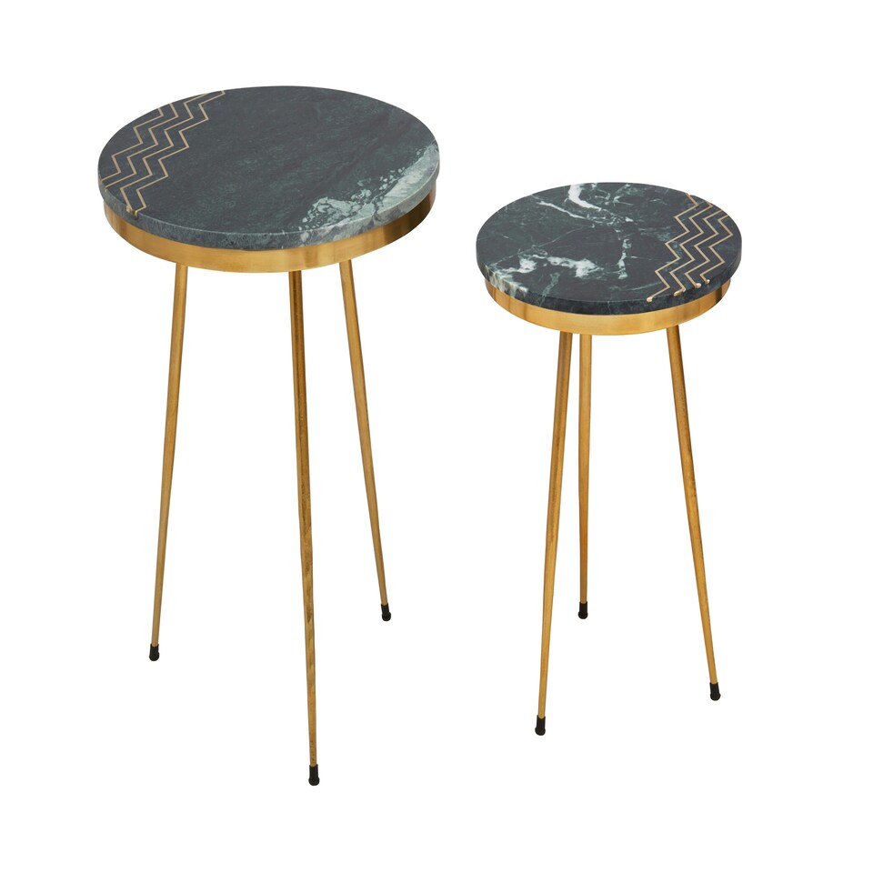 image 1 of Interiors by Premier Green Marble Side Table (Set of 2), Rich Green Marble Tabletops with Gold Iron Criss‑Cross Legs Green